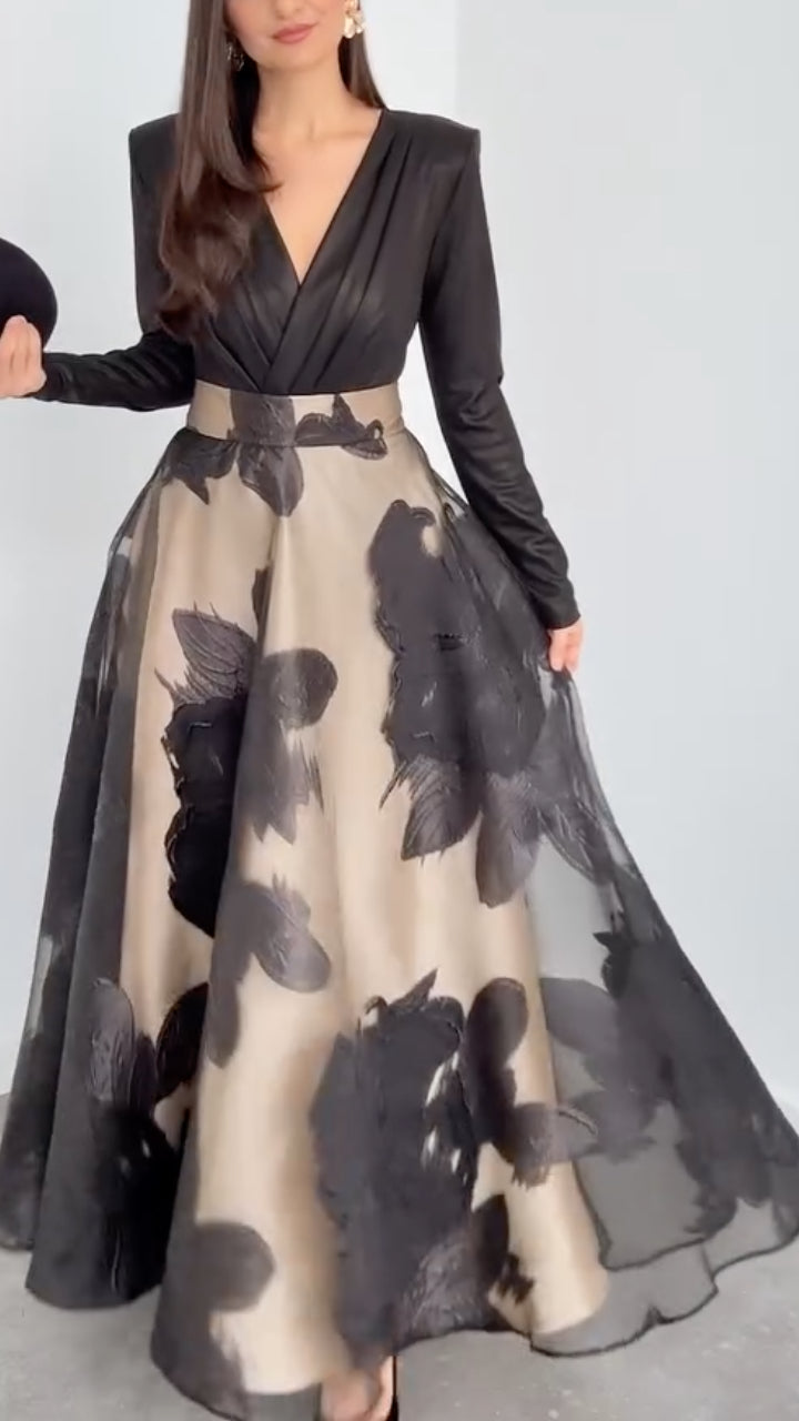 3D Floral Print Long‑Sleeve V‑Neck A‑Line Maxi Evening Dress