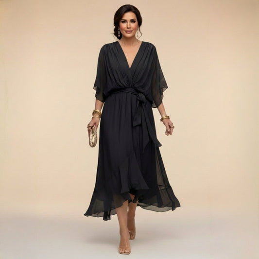 Women's V Neck Dolman Short Sleeve Waist Tie Chiffon Ruffle Hem Midi Wrap Dress