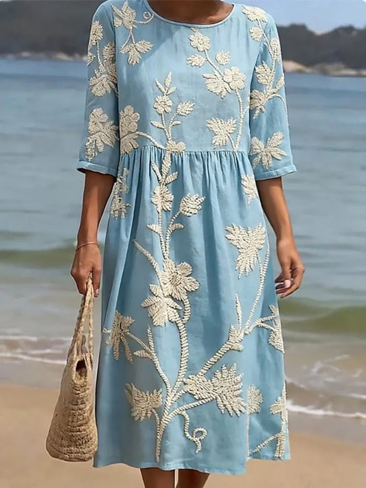 Fluid Midi Dress with Floral Embroidery - Elegant Vintage Collection