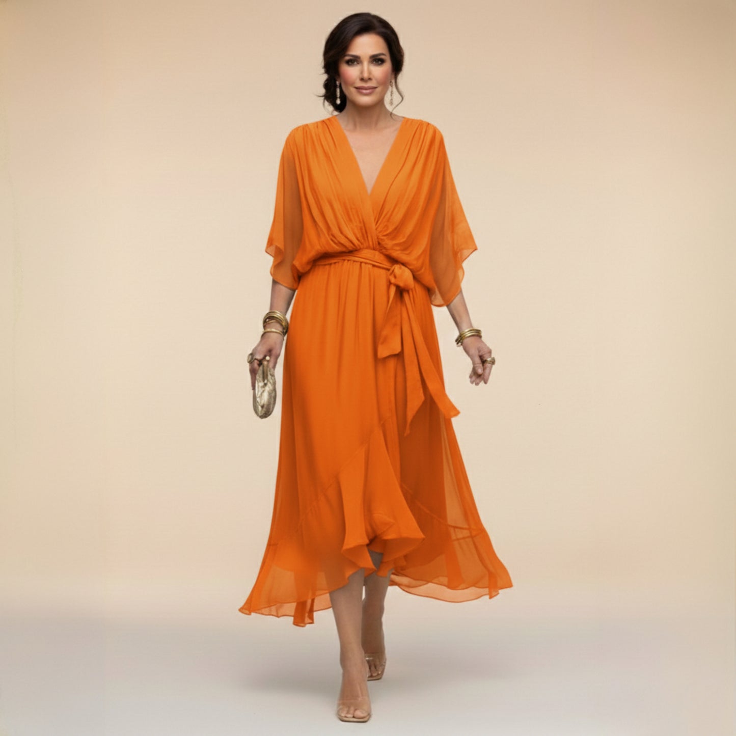 Women's V Neck Dolman Short Sleeve Waist Tie Chiffon Ruffle Hem Midi Wrap Dress