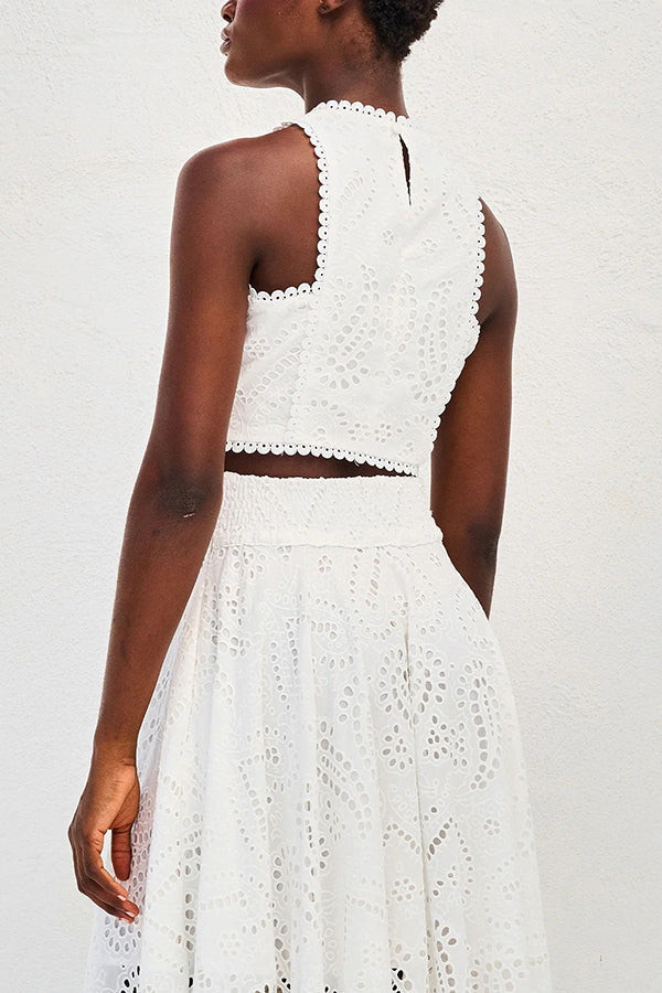 Eyelet Cutout Crop Top & Wide Leg Pants 2 Piece Set