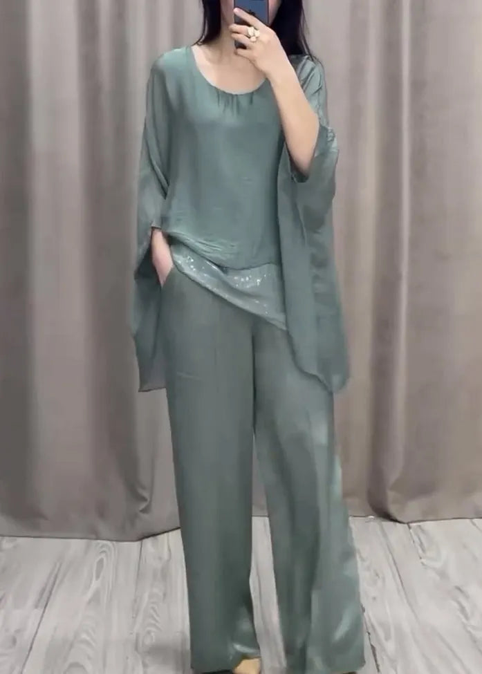 Loose O Neck Solid Tops And Pants Cotton Two Pieces Set Batwing Sleeve