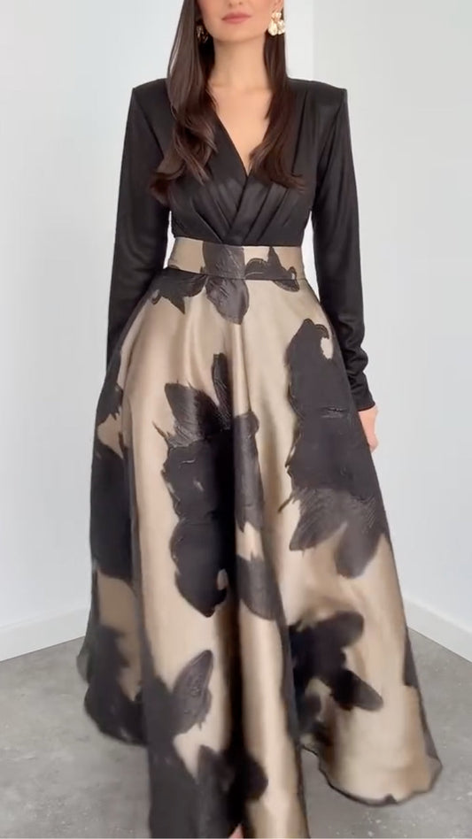 3D Floral Print Long‑Sleeve V‑Neck A‑Line Maxi Evening Dress
