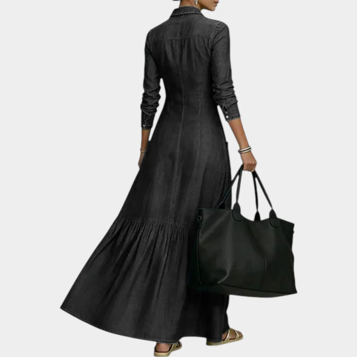 Classic Denim Maxi Shirt Dress with Ruffled Hem for Casual and Everyday Wear