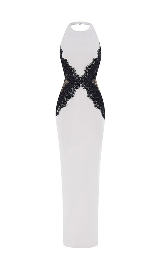 Open Back Maxi Dress In Crepe & Lace