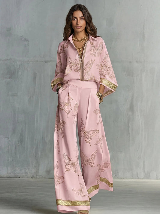Elegant Butterfly Print Zip-Up Top & Wide Leg Pants Set