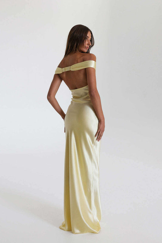 Satin Off-Shoulder Maxi Dress