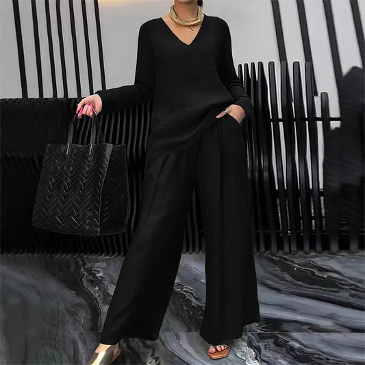 Chic Solid Color Two-Piece Outfit, V-Neck Blouse & High Waist Wide Pants