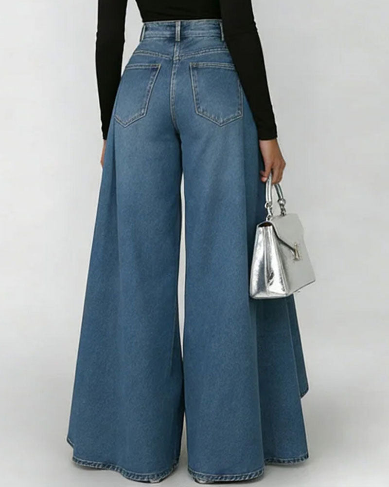 High Waist Pleated Split Flared Denim Palazzo Pants