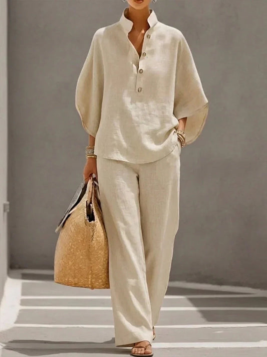 Casual Stand‐Collar Linen 2‐Piece Top & Wide Leg Pants Set