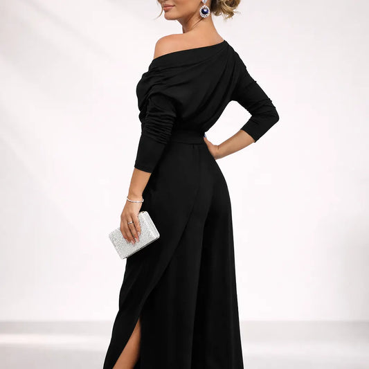 One Shoulder 3/4 Sleeve Wide Leg Split Jumpsuit