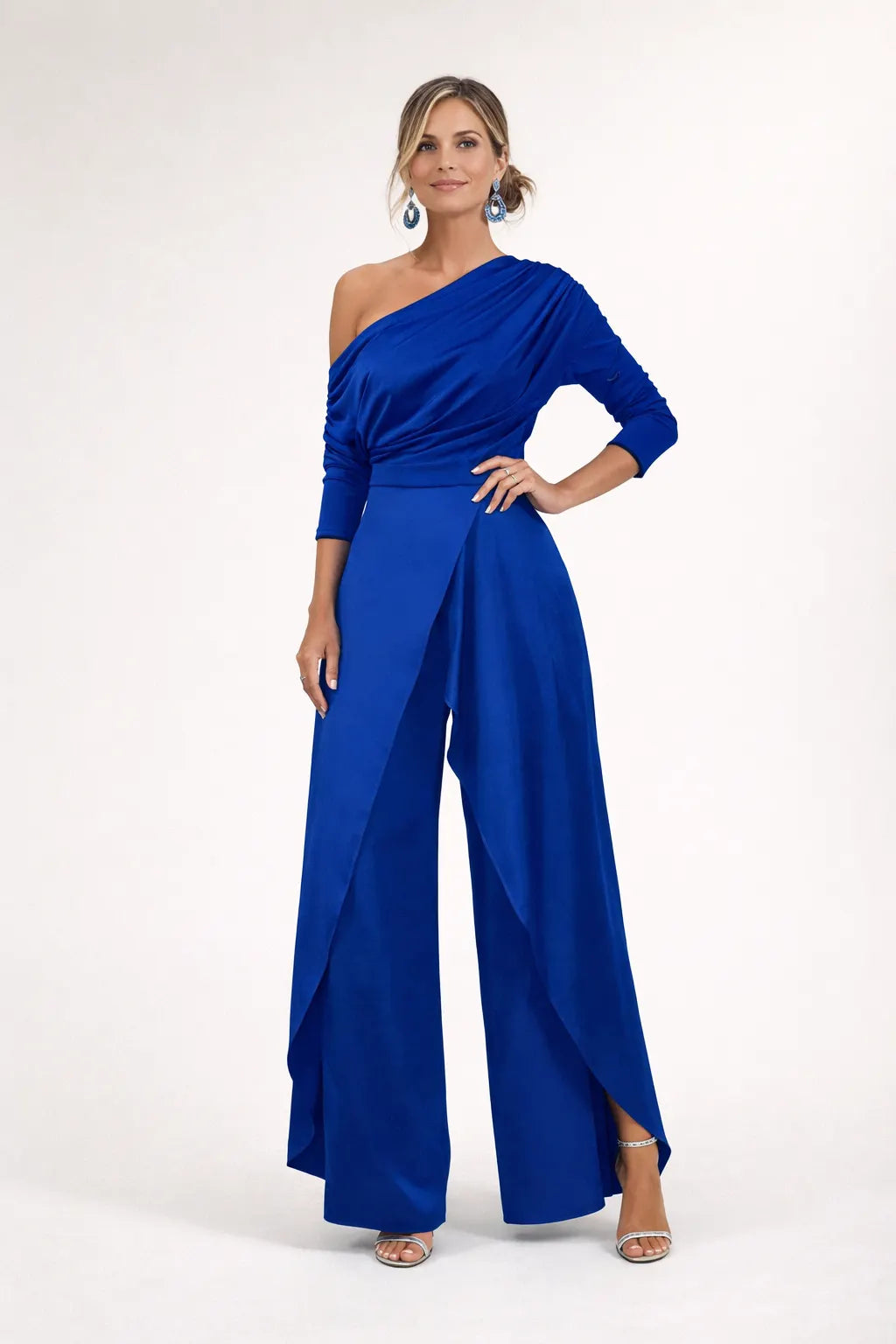 One Shoulder 3/4 Sleeve Wide Leg Split Jumpsuit