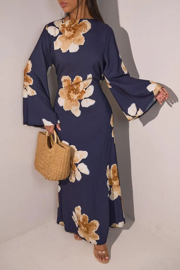 Floral Bell Sleeve Maxi Dress for Resort Wear, Beach Vacation & Casual Daily Outfits