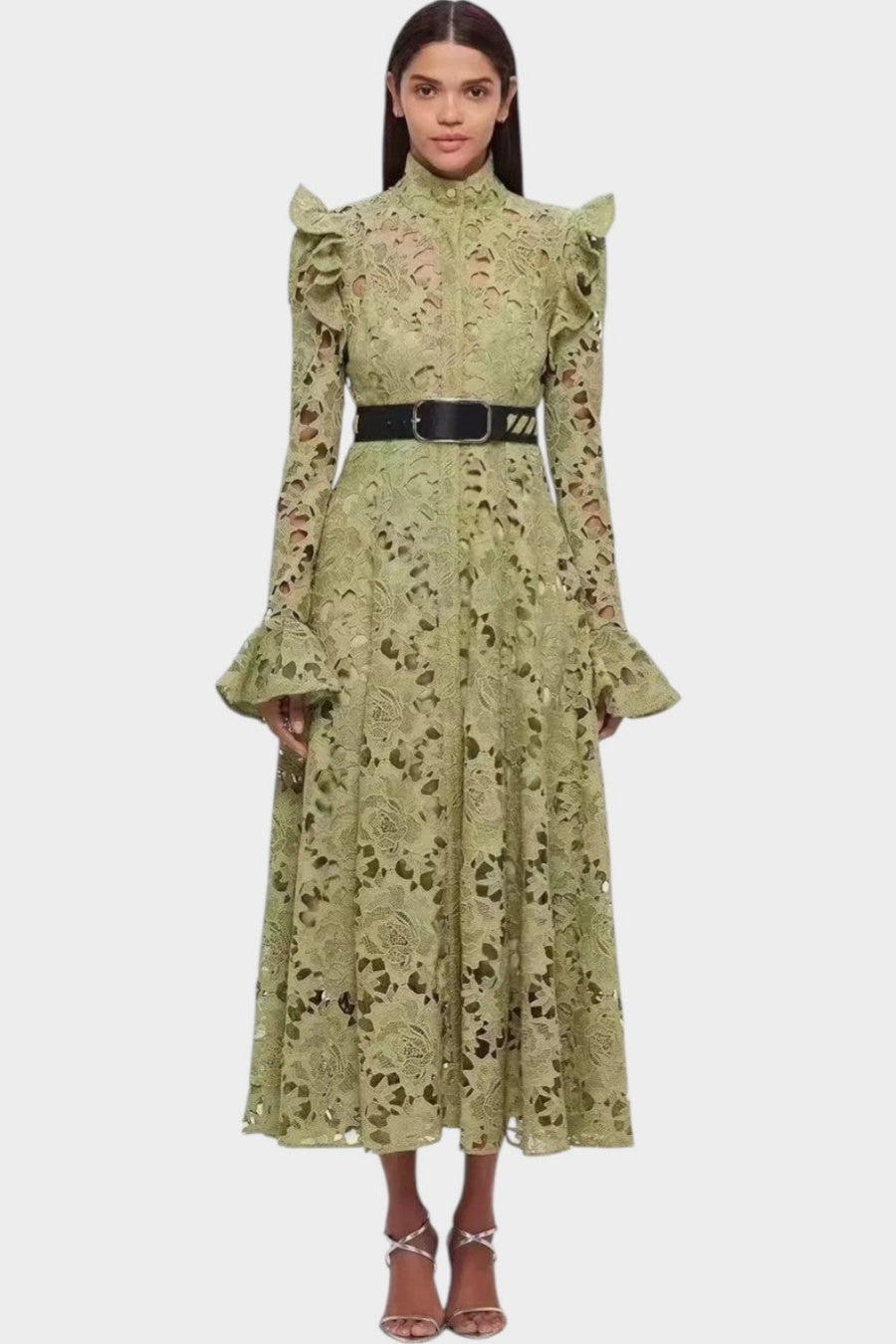 Freya Ruffle Lace-embroidered Belted Midi Dress
