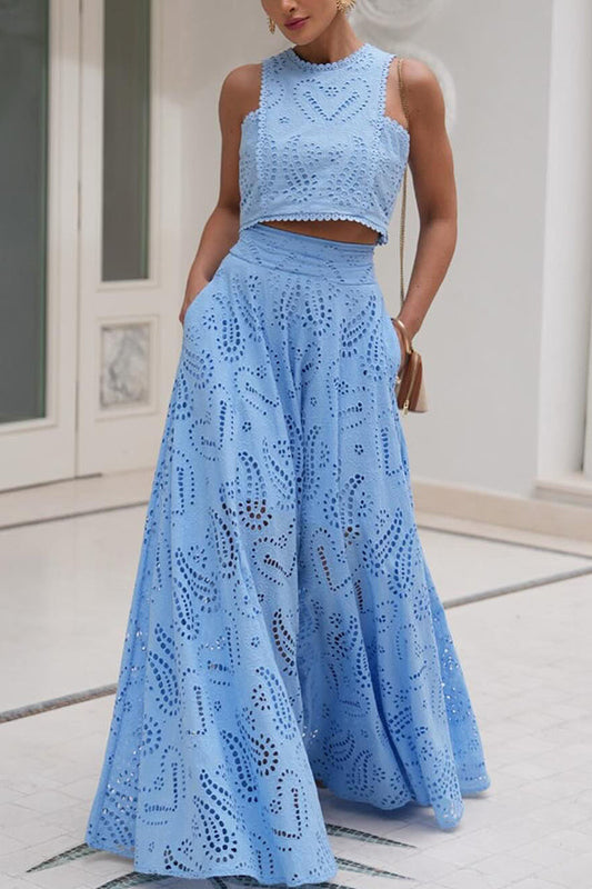 Eyelet Cutout Crop Top & Wide Leg Pants 2 Piece Set