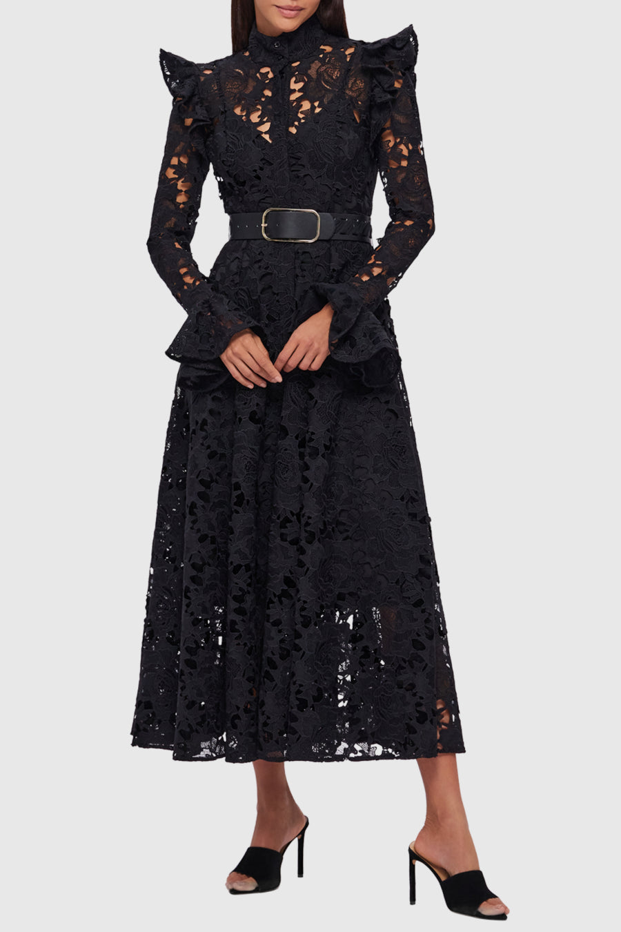 Freya Ruffle Lace-embroidered Belted Midi Dress