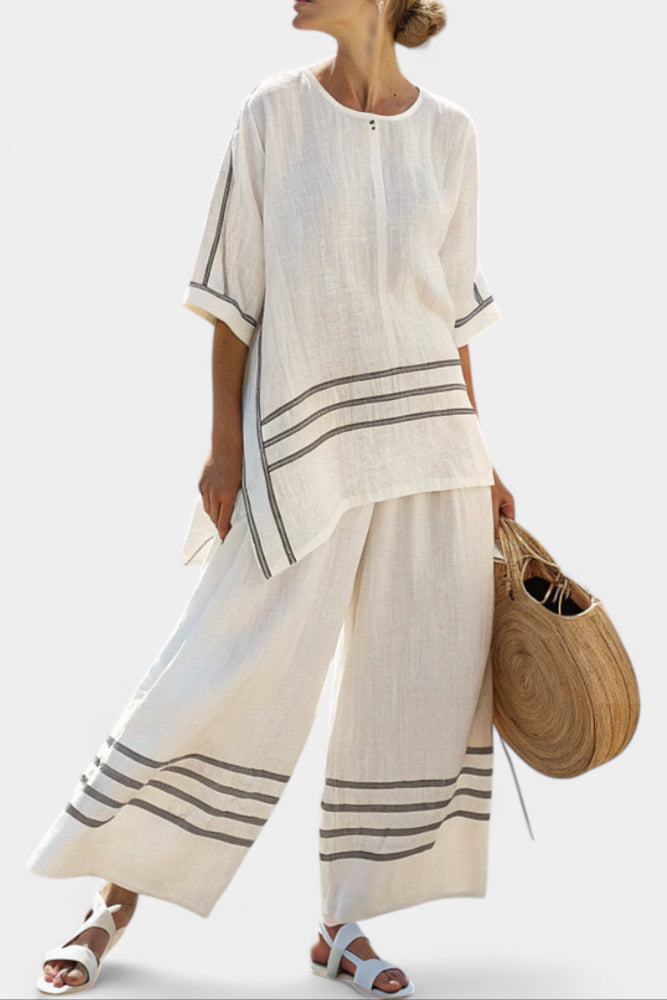 Chic Striped Set - Wide Leg Pants and Asymmetrical Blouse for Women