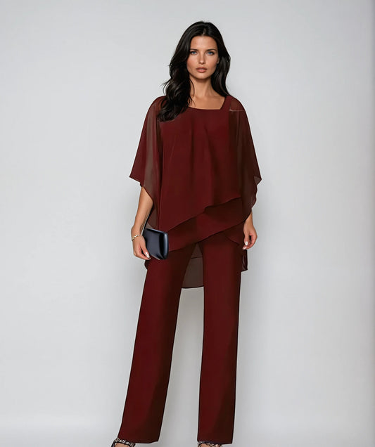 Women's 2 Piece Asymmetric One Cold Shoulder Layered Batwing Top & Wide Leg Pants Matching Set