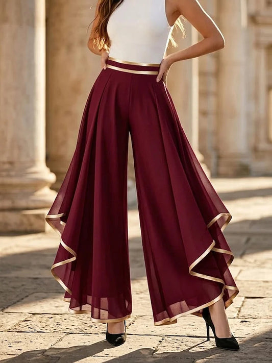 Gold Trim Pleated Chiffon Wide Leg Pants