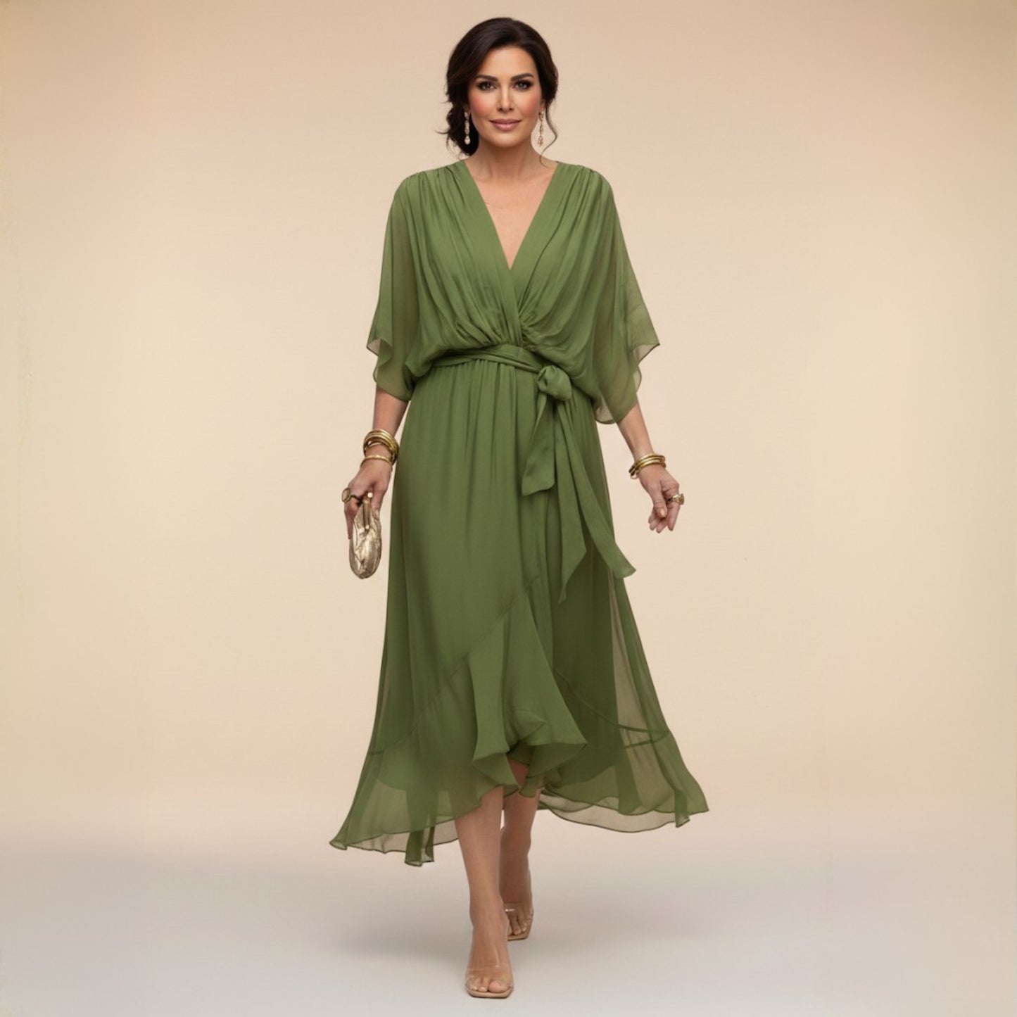 Women's V Neck Dolman Short Sleeve Waist Tie Chiffon Ruffle Hem Midi Wrap Dress