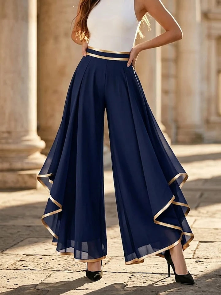 Gold Trim Pleated Chiffon Wide Leg Pants