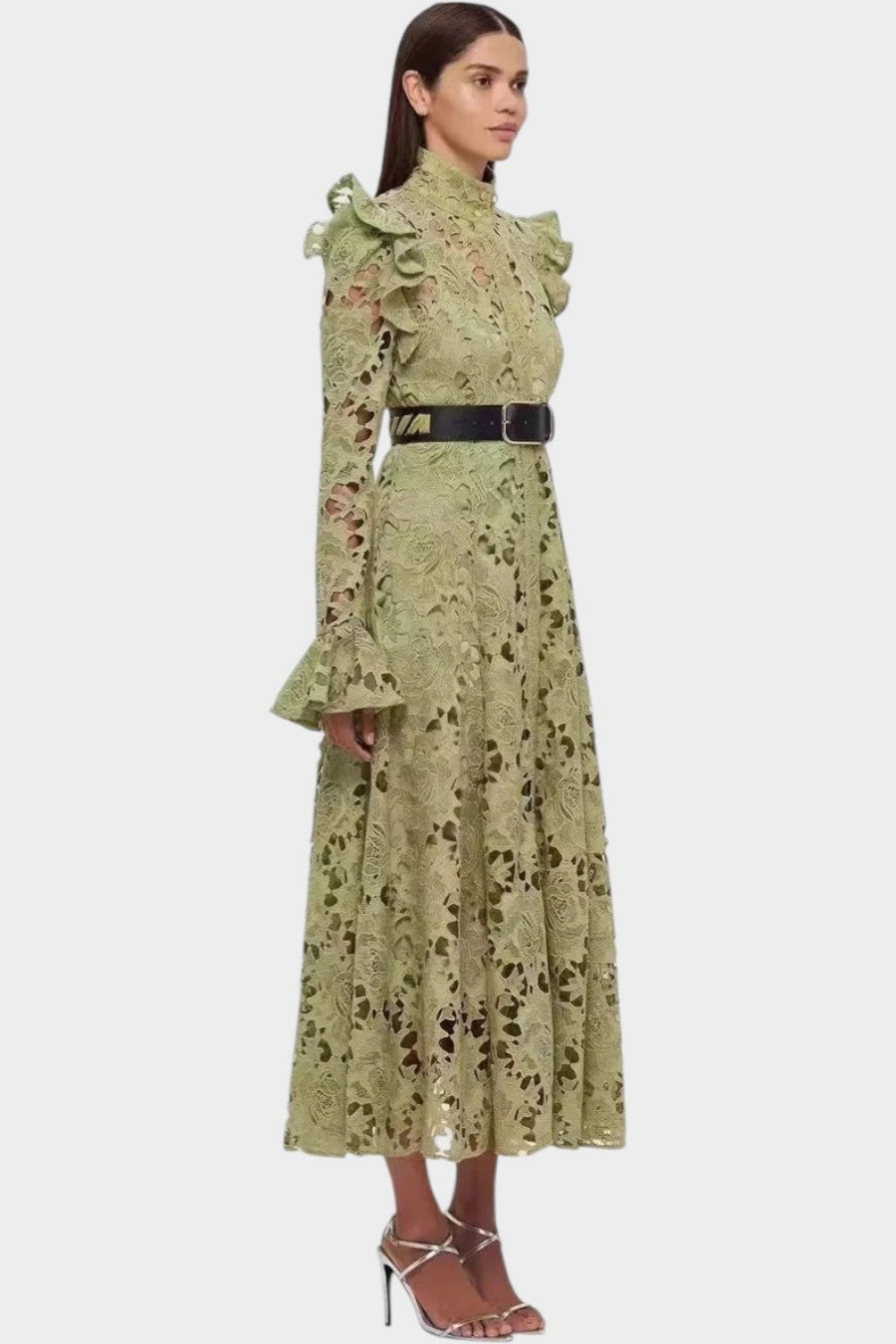Freya Ruffle Lace-embroidered Belted Midi Dress
