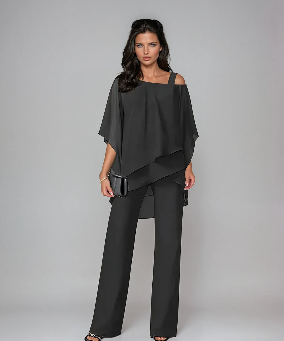Women's 2 Piece Asymmetric One Cold Shoulder Layered Batwing Top & Wide Leg Pants Matching Set