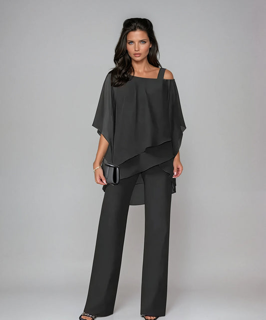 Women's 2 Piece Asymmetric One Cold Shoulder Layered Batwing Top & Wide Leg Pants Matching Set