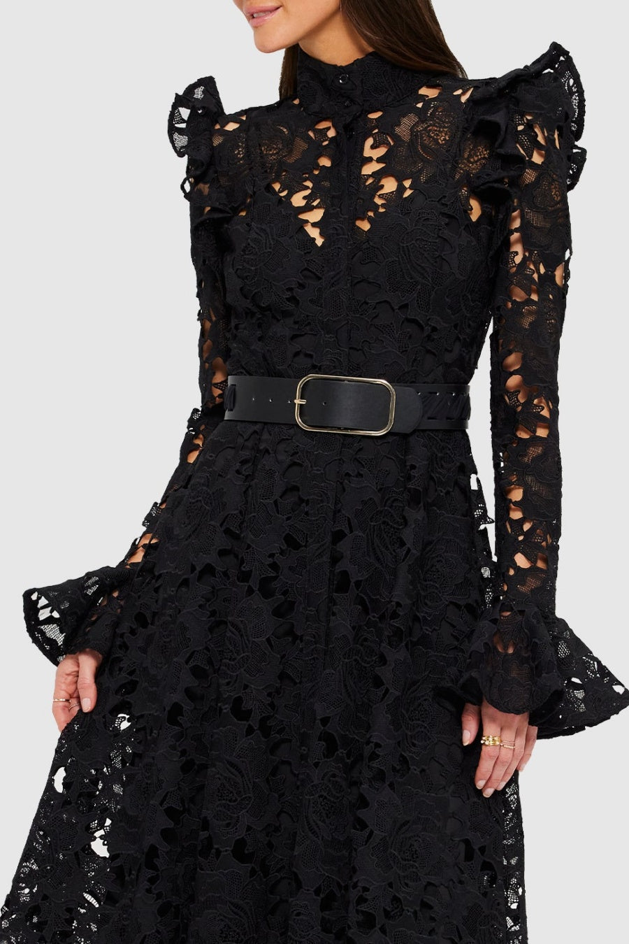 Freya Ruffle Lace-embroidered Belted Midi Dress