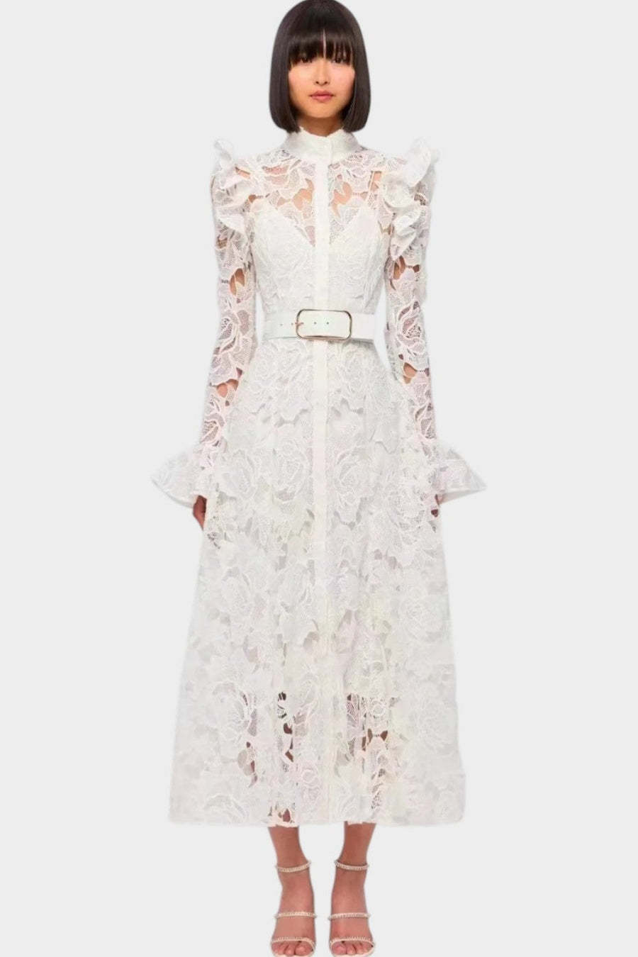 Freya Ruffle Lace-embroidered Belted Midi Dress