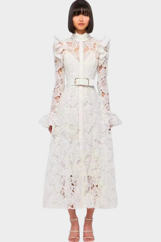 Freya Ruffle Lace-embroidered Belted Midi Dress