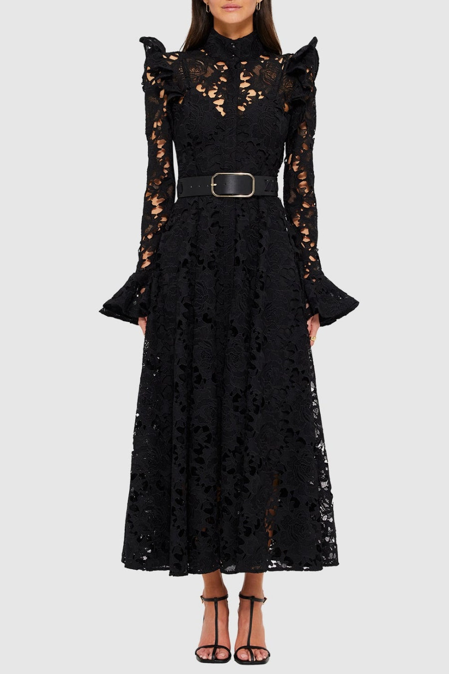 Freya Ruffle Lace-embroidered Belted Midi Dress