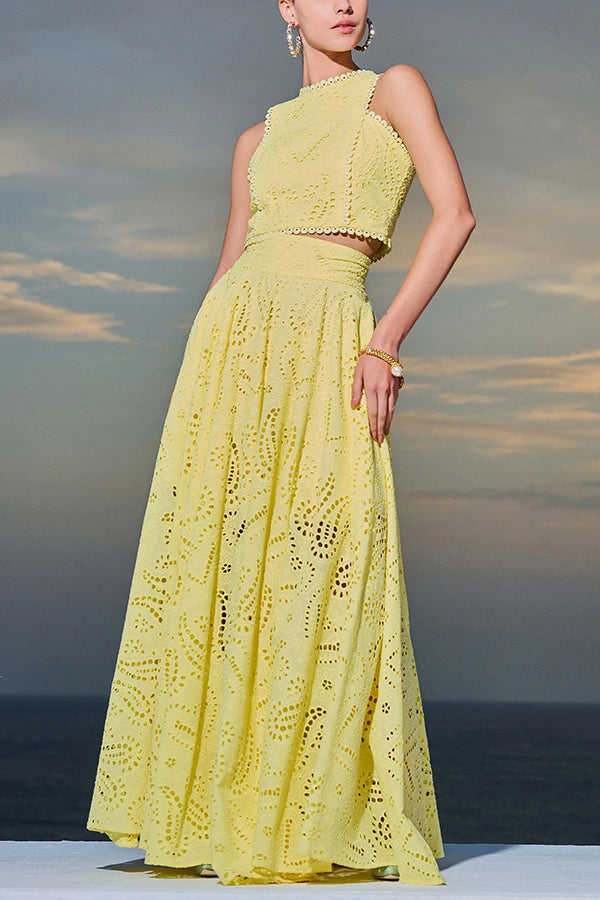 Eyelet Cutout Crop Top & Wide Leg Pants 2 Piece Set