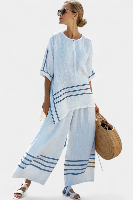 Chic Striped Set - Wide Leg Pants and Asymmetrical Blouse for Women