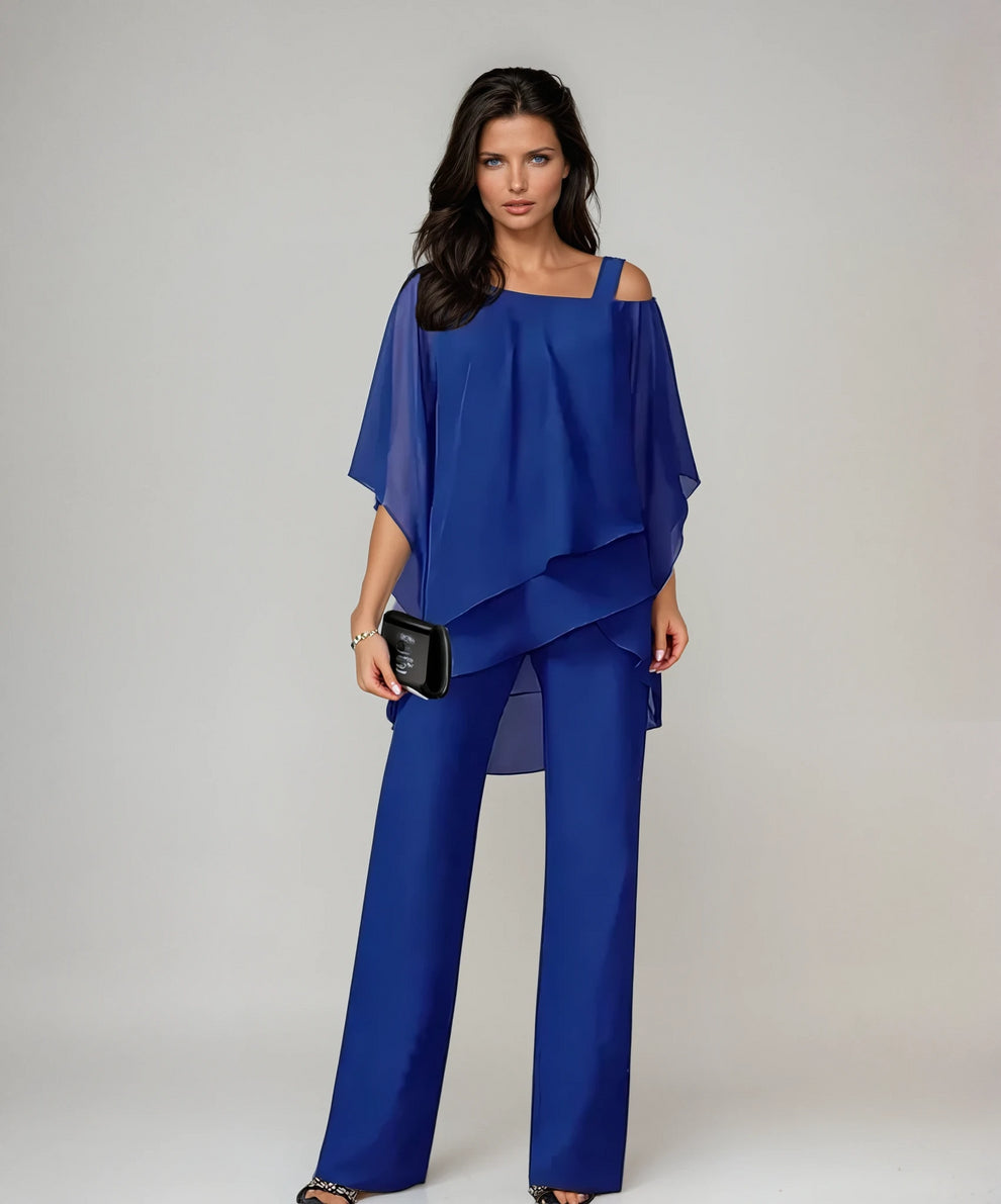 Women's 2 Piece Asymmetric One Cold Shoulder Layered Batwing Top & Wide Leg Pants Matching Set