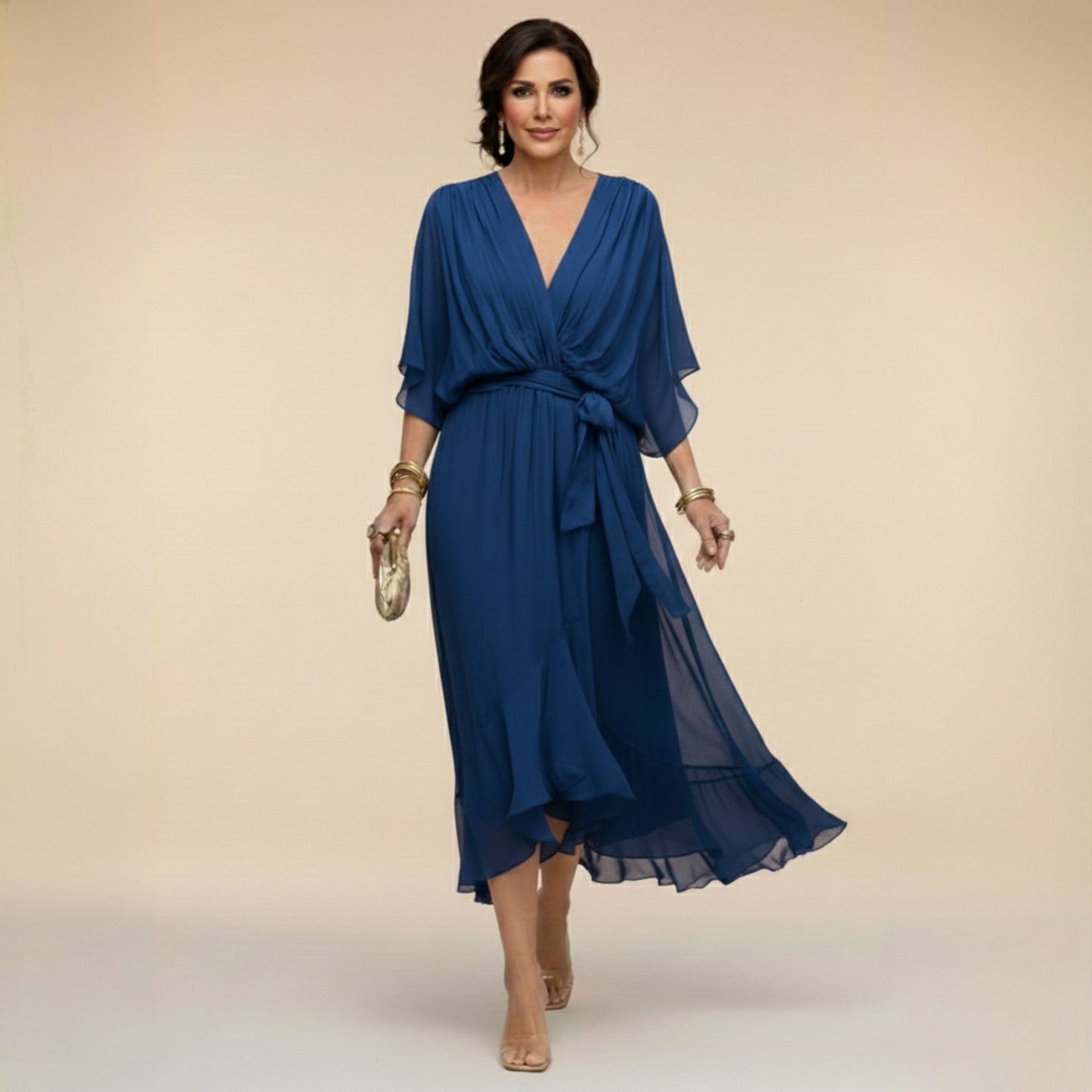 Women's V Neck Dolman Short Sleeve Waist Tie Chiffon Ruffle Hem Midi Wrap Dress