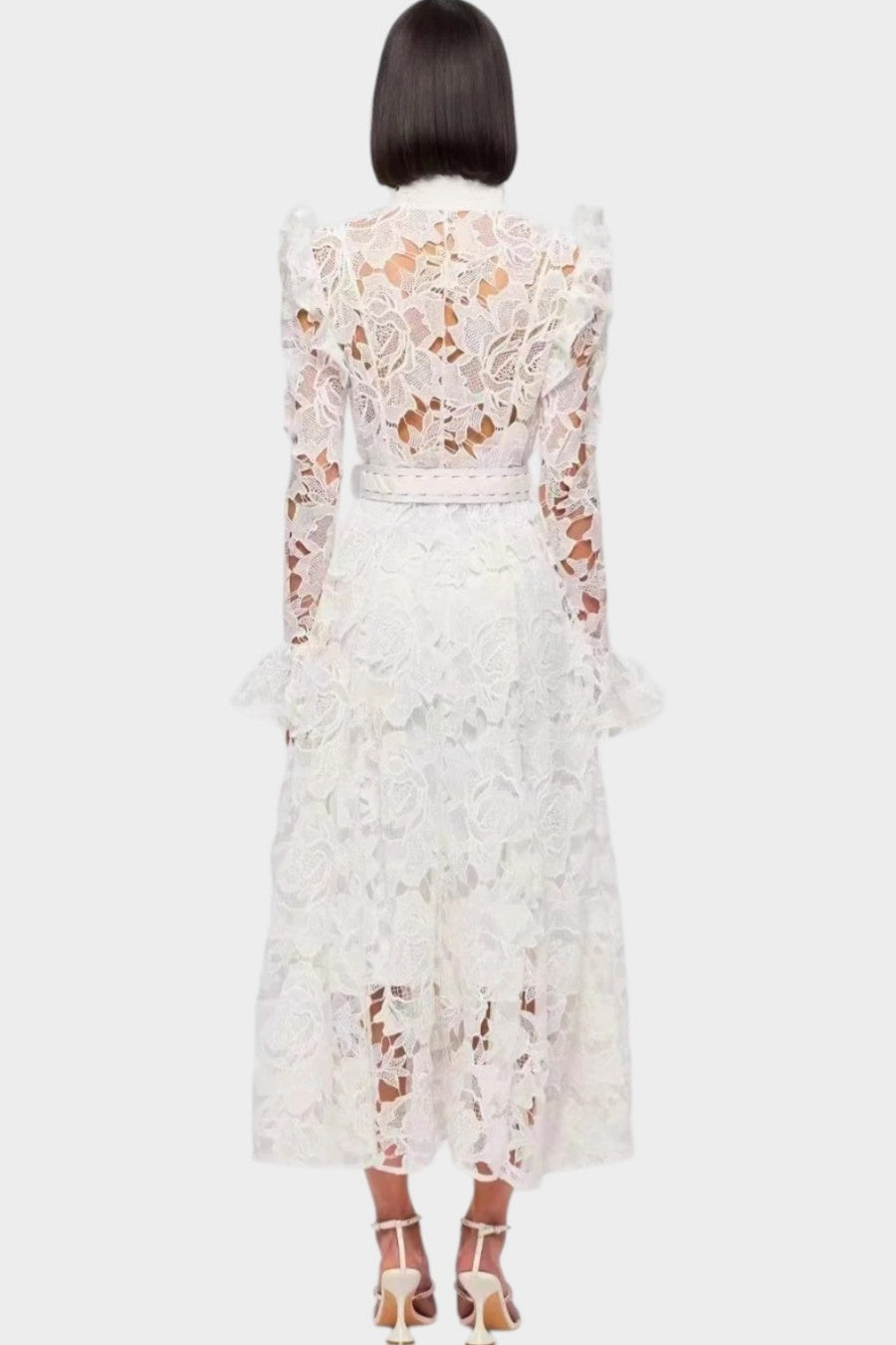 Freya Ruffle Lace-embroidered Belted Midi Dress