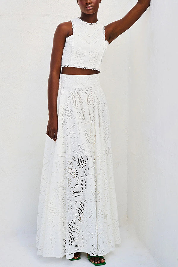 Eyelet Cutout Crop Top & Wide Leg Pants 2 Piece Set