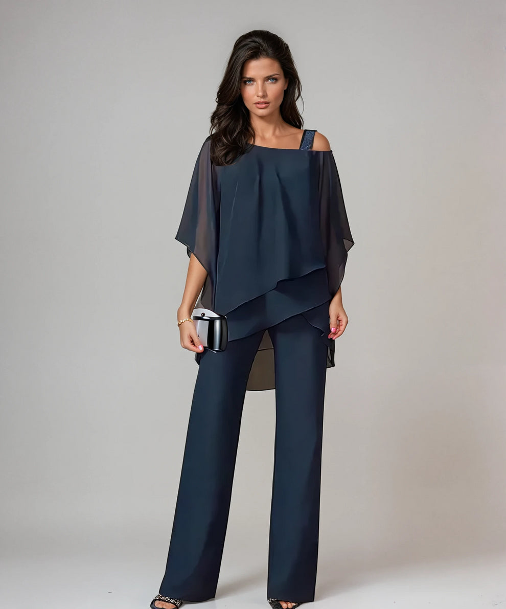 Women's 2 Piece Asymmetric One Cold Shoulder Layered Batwing Top & Wide Leg Pants Matching Set