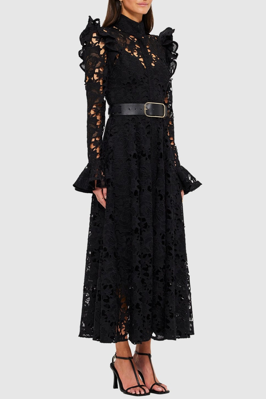 Freya Ruffle Lace-embroidered Belted Midi Dress