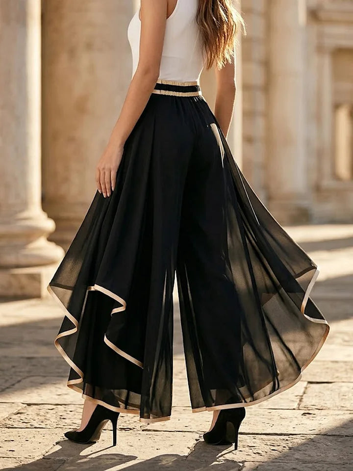 Gold Trim Pleated Chiffon Wide Leg Pants