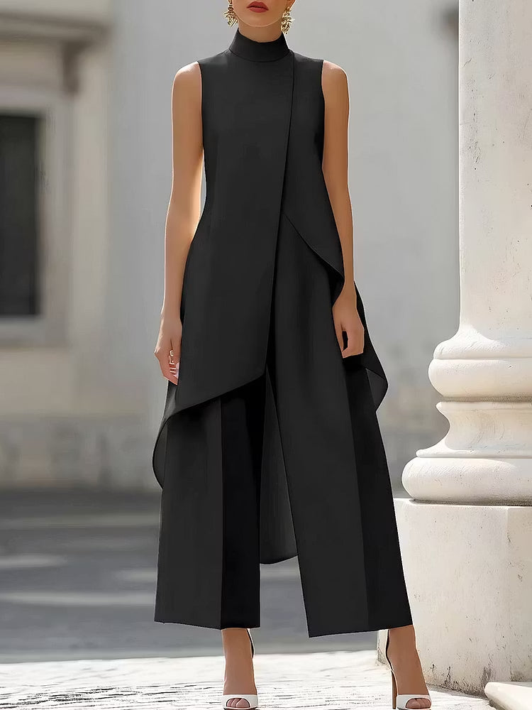 Asymmetric Layered Sleeveless Top & Wide-Leg Pants Set