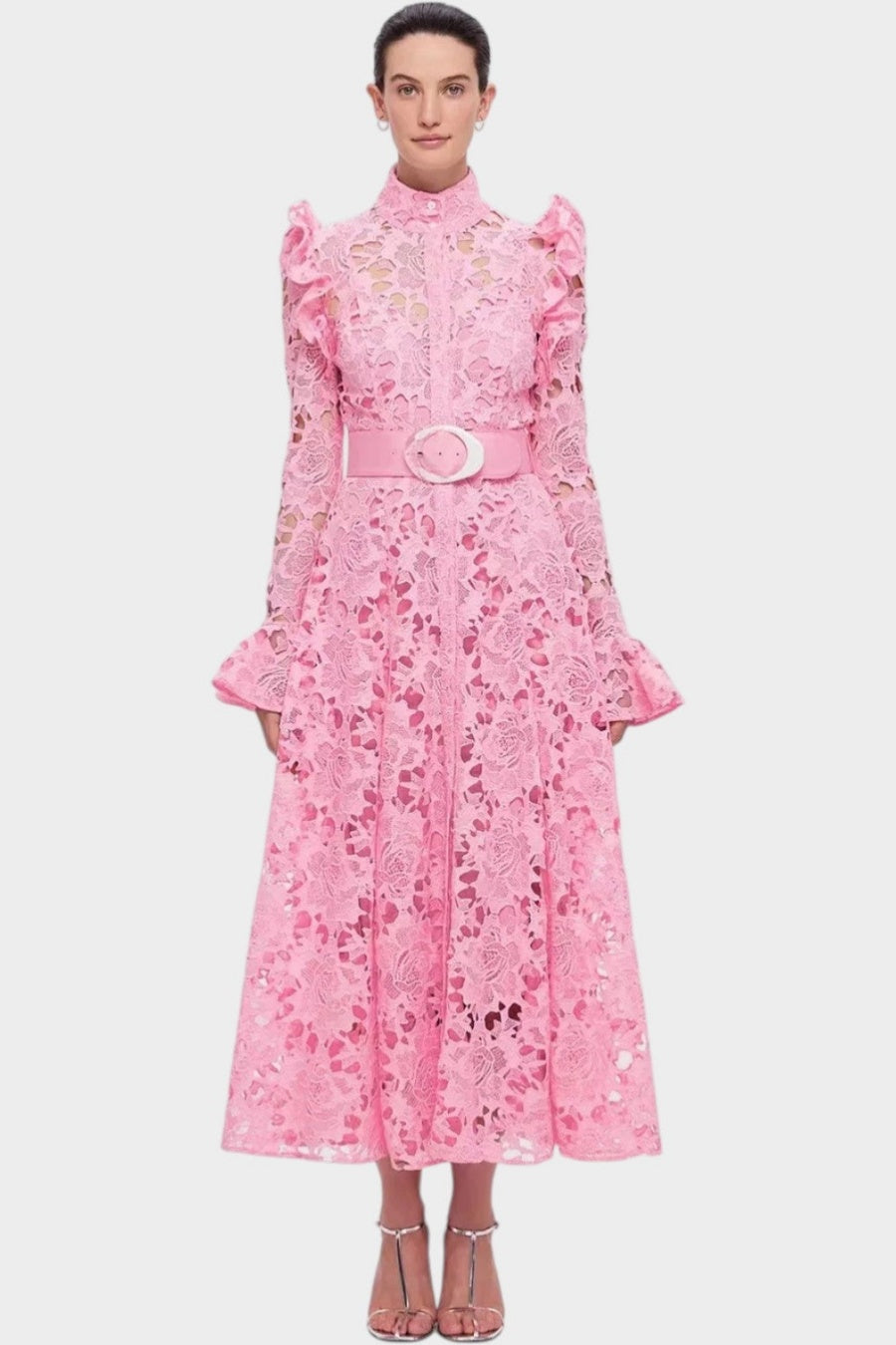 Freya Ruffle Lace-embroidered Belted Midi Dress