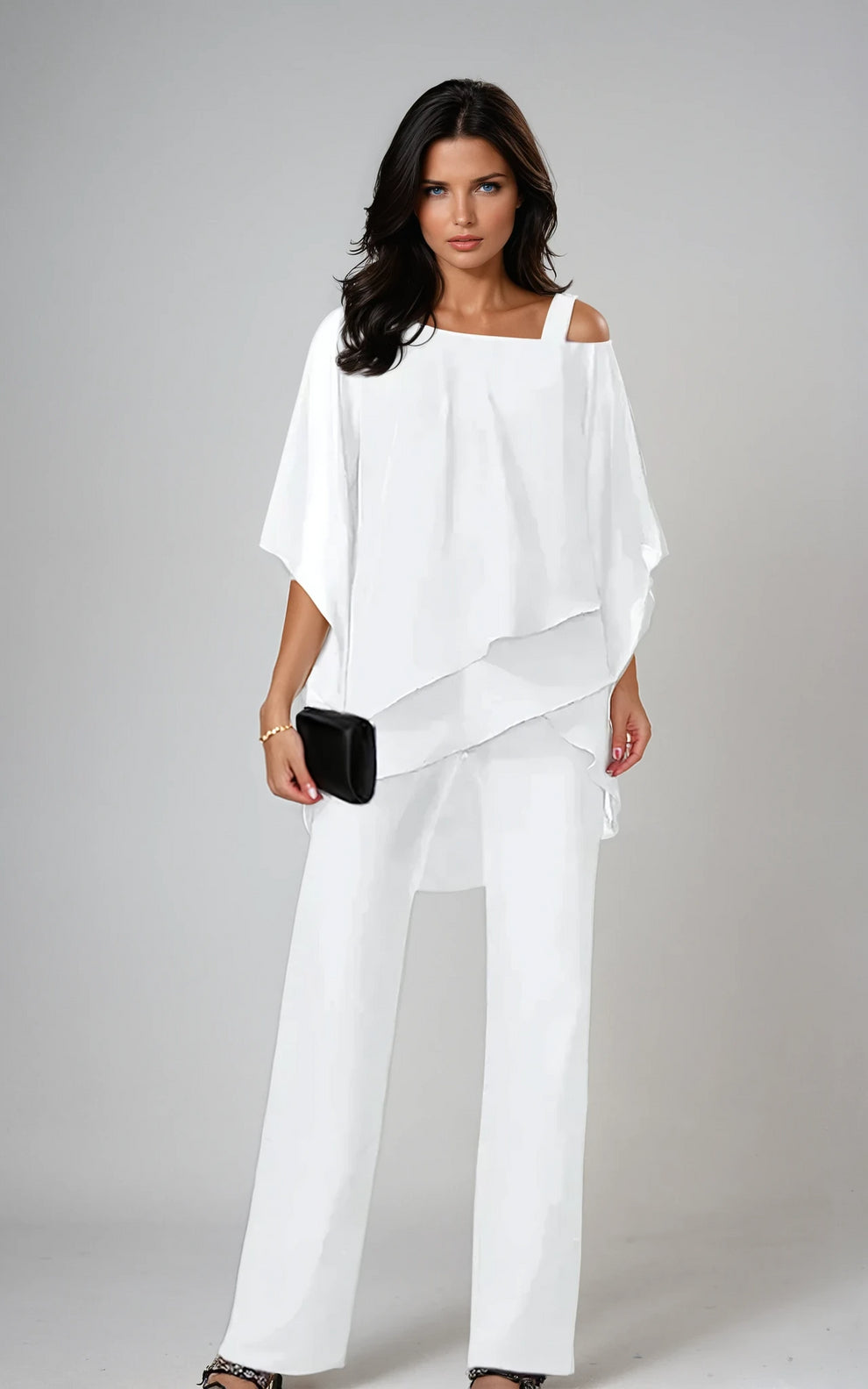 Women's 2 Piece Asymmetric One Cold Shoulder Layered Batwing Top & Wide Leg Pants Matching Set