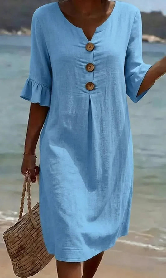 Linen dress with texture, puff sleeves, and buttons