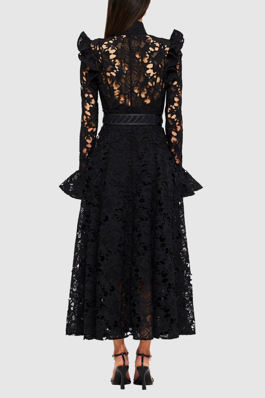 Freya Ruffle Lace-embroidered Belted Midi Dress