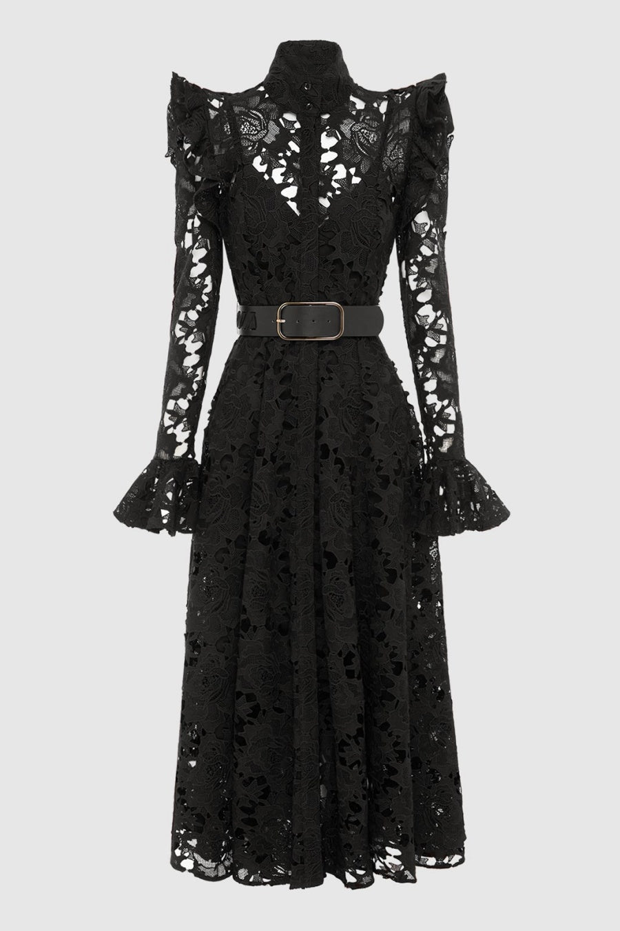 Freya Ruffle Lace-embroidered Belted Midi Dress