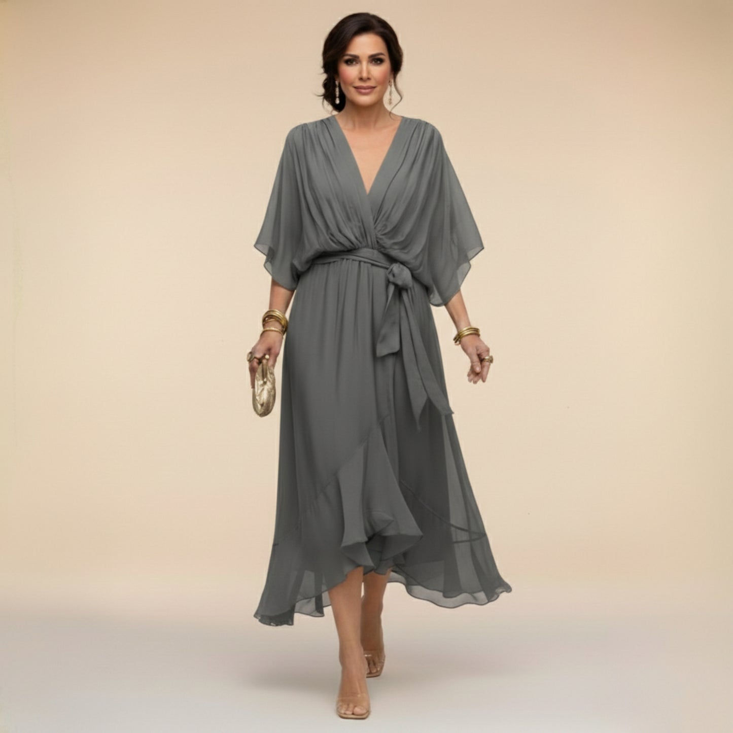 Women's V Neck Dolman Short Sleeve Waist Tie Chiffon Ruffle Hem Midi Wrap Dress