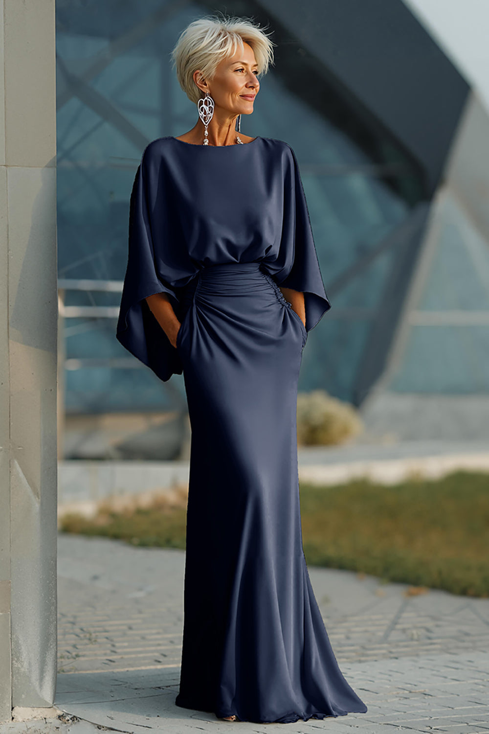 Batwing Sleeve Ruched Mermaid Maxi Dress