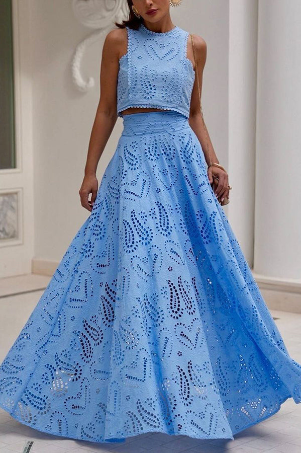 Eyelet Cutout Crop Top & Wide Leg Pants 2 Piece Set